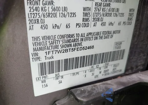 2015 Ford F-250 Lariat from USA, damaged, VIN 1FT7W2BT5FED52468